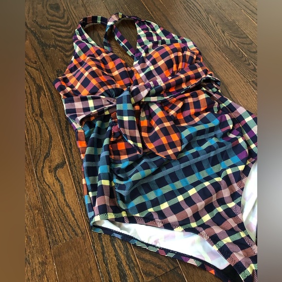 Motherhood Maternity M Checkered Orange/Blue One Piece w/Cross Straps & Bow NWOT - Picture 2 of 12